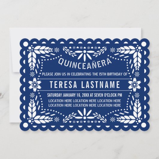Blauw en witte papel picado Quinceañera Kaart (Voorkant)