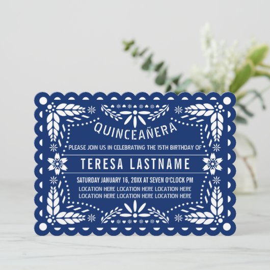 Blauw en witte papel picado Quinceañera Kaart (Staand voorkant)