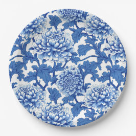 Blauw en Witte Pioen Chinoiserie Bloemmotief Papieren Bordje