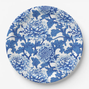 Blauw en Witte Pioen Chinoiserie Bloemmotief Papieren Bordje