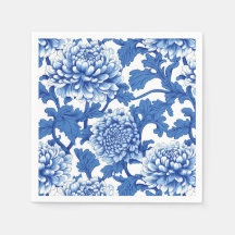 Blauw en Witte Pioen Chinoiserie Bloemmotief