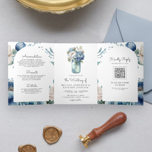 Blauw en Witte Pioen Mason Jar QR Code Trouwen Drieluik Uitnodiging