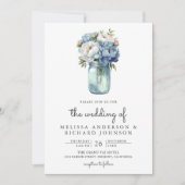 Blauw en Witte Pioen Mason Jar QR Code Trouwen Kaart (Voorkant)