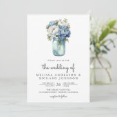 Blauw en Witte Pioen Mason Jar QR Code Trouwen Kaart (Staand voorkant)