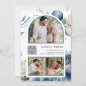 Blauw en Witte Pioen Mason Jar QR Code Trouwen Kaart (Achterkant)