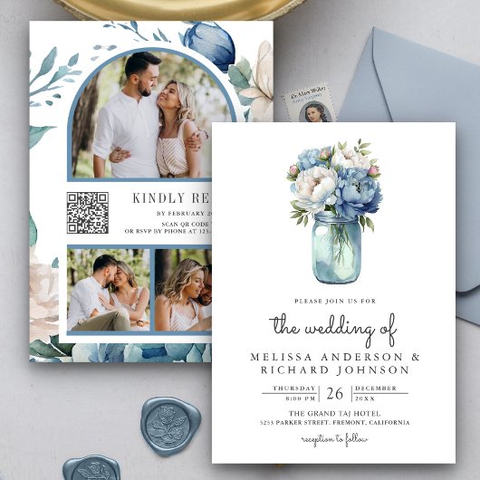 Blauw en Witte Pioen Mason Jar QR Code Trouwen Kaart