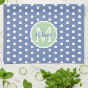 Blauw en witte polka stippen met groen monogram theedoek