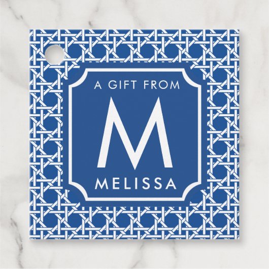 Blauw- en witte riet | Rattan | Monogram Bedankjes Labels (Voorkant)