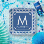 Blauw- en witte riet | Rattan | Monogram Papieren Bordje (Feest)