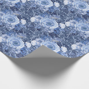 Blauw en Witte Roos Bloemmotief Cadeaupapier