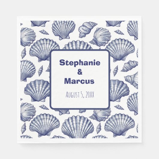 Blauw en Witte Schelp Strand Bruiloft Servetten (Voorkant)