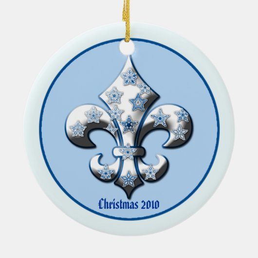 Blauw en witte Snowflake Fleur de Lis Ornament (Achterkant)