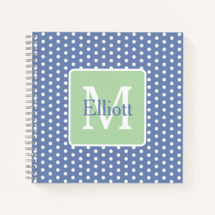 Blauw en Witte Stippen Met Groene Monogram Notitieboek