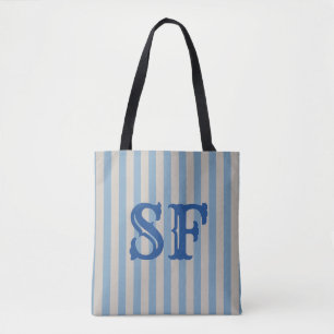 Blauw en Witte Strepen Aangepaste Monogram Tote Bag