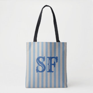 Blauw en Witte Strepen Aangepaste Monogram Tote Bag