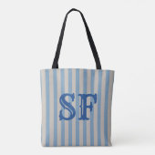 Blauw en Witte Strepen Aangepaste Monogram Tote Bag (Achterkant)