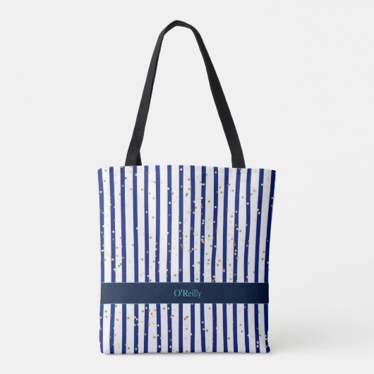 Blauw en Witte Strepen Modern Monogram Tote Bag (Achterkant)