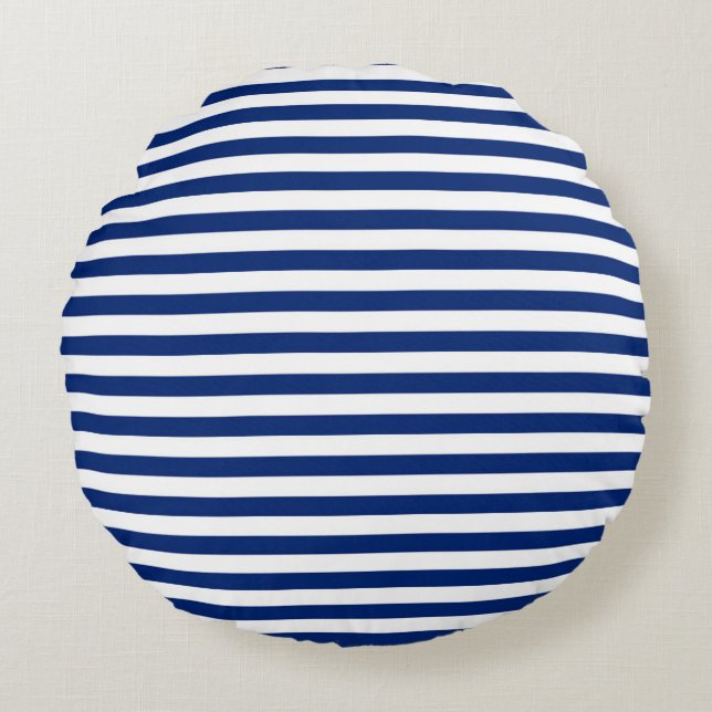 Blauw en Witte Strepen Rond Kussen (Voorkant)