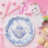 Blauw en witte theepot met krans  papieren bordje (Feest)