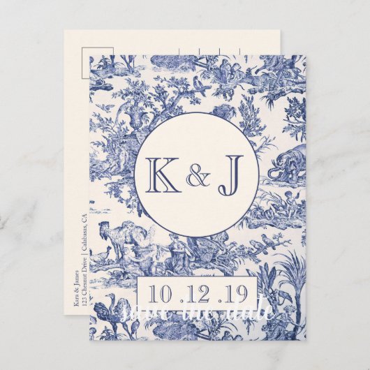 Blauw- en witte toile aankondigingskaart (Voorkant / Achterkant)