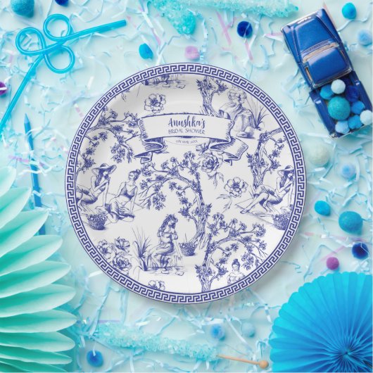 Blauw- en witte toile papieren bordje (Feest)