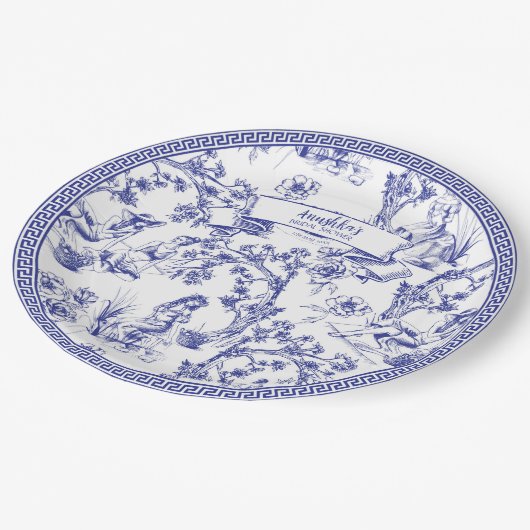 Blauw- en witte toile papieren bordje (Gekanteld)