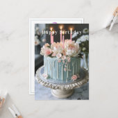 Blauw en Witte Verjaardagstaart Roze Bloemen Kaars Kaart (Voorkant / Achterkant in situ)