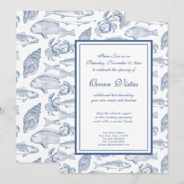 Blauw en Witte Vis en Krab Elegant Kust Evenement Kaart