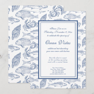 Blauw en Witte Vis en Krab Elegant Kust Evenement Kaart
