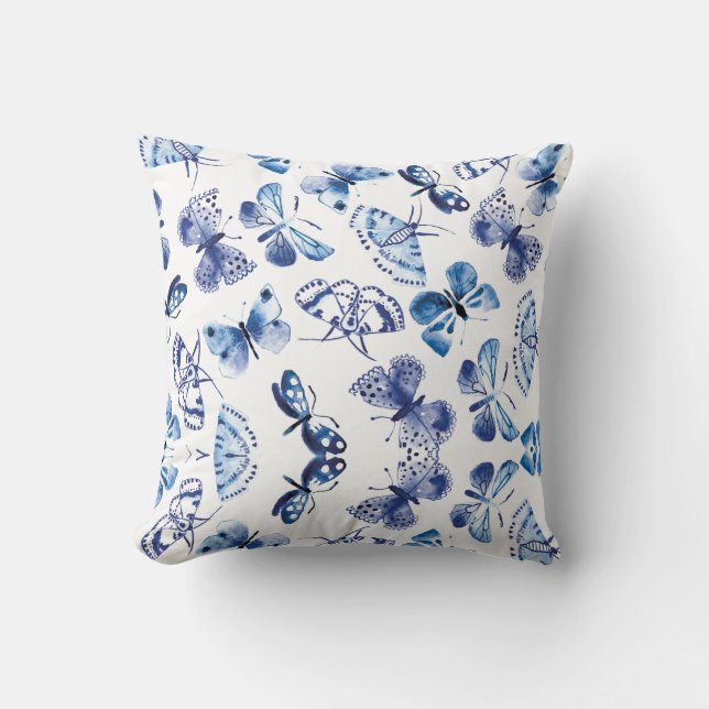 Blauw en Witte Vlinders Kussen (Voorkant)