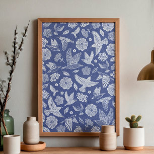 Blauw en Witte Vogels en Bloemmotieven Handgeteken Poster