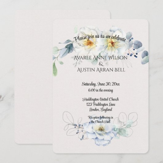 Blauw en Witte Waterverf Bloemen Kaart (Voorkant / Achterkant)