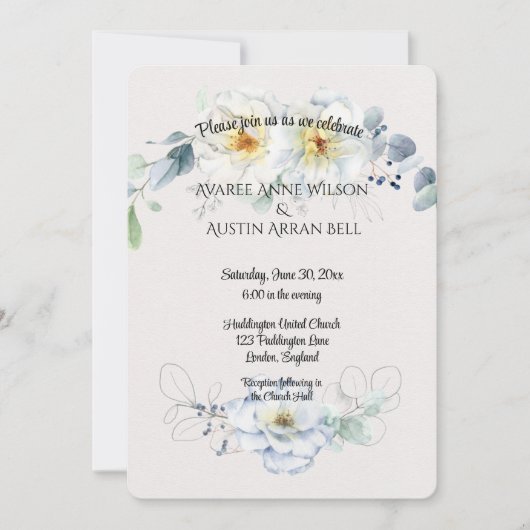 Blauw en Witte Waterverf Bloemen Kaart (Voorkant)