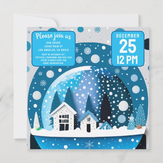 Blauw en Witte Winterwonderlandhuizen Sneeuwbol Save The Date (Achterkant)