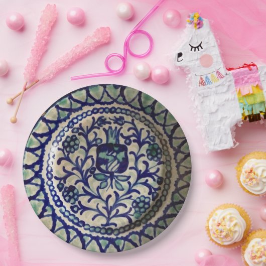 Blauw- en witvermogen met geavanceerde handmatige papieren bordje (Feest)