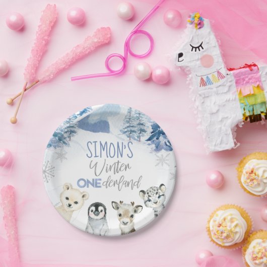 Blauw en Zilver Arctische Winter Onederland Verjaa Papieren Bordje (Feest)