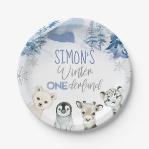 Blauw en Zilver Arctische Winter Onederland Verjaa Papieren Bordje