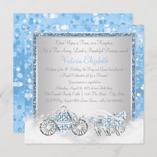 Blauw en Zilver Assepoester Prinses Verjaardagsfee Kaart (Voorkant / Achterkant)