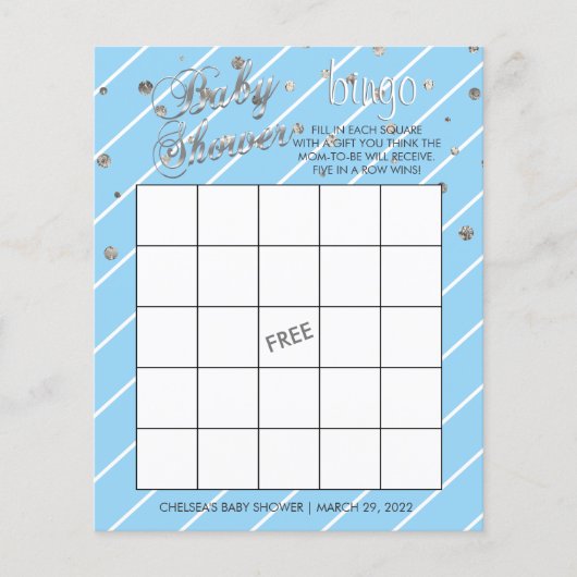 blauw en Zilver Baby shower - Bingo Flyer (Voorkant)