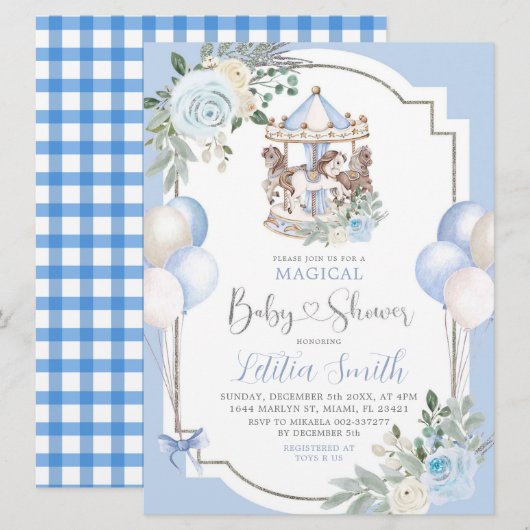 Blauw en zilver Baby shower Kaart (Voorkant / Achterkant)