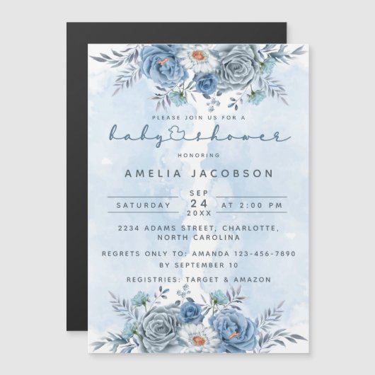 Blauw en zilver Baby shower Magnet Invite (Voorkant / Achterkant)