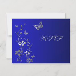 Blauw en Zilver Bloemen met Vlinders Antwoorden Ka RSVP Kaartje