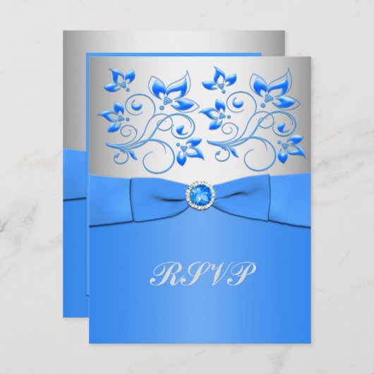 Blauw en Zilver Bloemen RSVP-kaart Kaart (Voorkant / Achterkant)