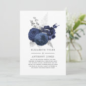 Blauw en zilver bloemig verkleinde bruiloft gast aankondiging (Staand voorkant)