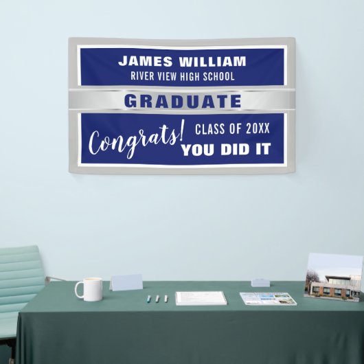 Blauw en Zilver Congrats Klasse van 20XX Afstudere Spandoek (Beurs)