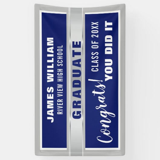 Blauw en Zilver Congrats Klasse van 20XX Afstudere Spandoek (Verticaal)