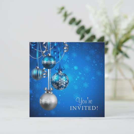 Blauw en Zilver Corporate Vakantie Party Uitnodigi Kaart (Staand voorkant)