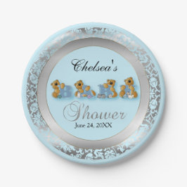 Blauw en zilver Damask met Teddy Bears Papieren Bordje
