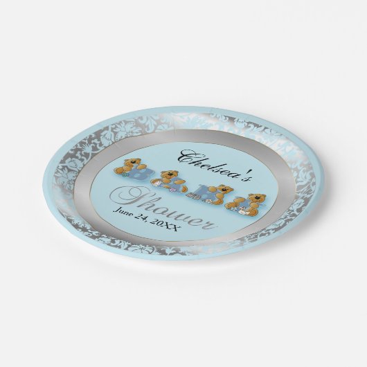 Blauw en zilver Damask met Teddy Bears Papieren Bordje (Gekanteld)