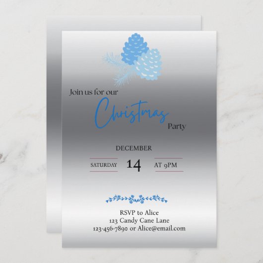 Blauw en zilver dennappel Kerst uitnodiging (Voorkant / Achterkant)